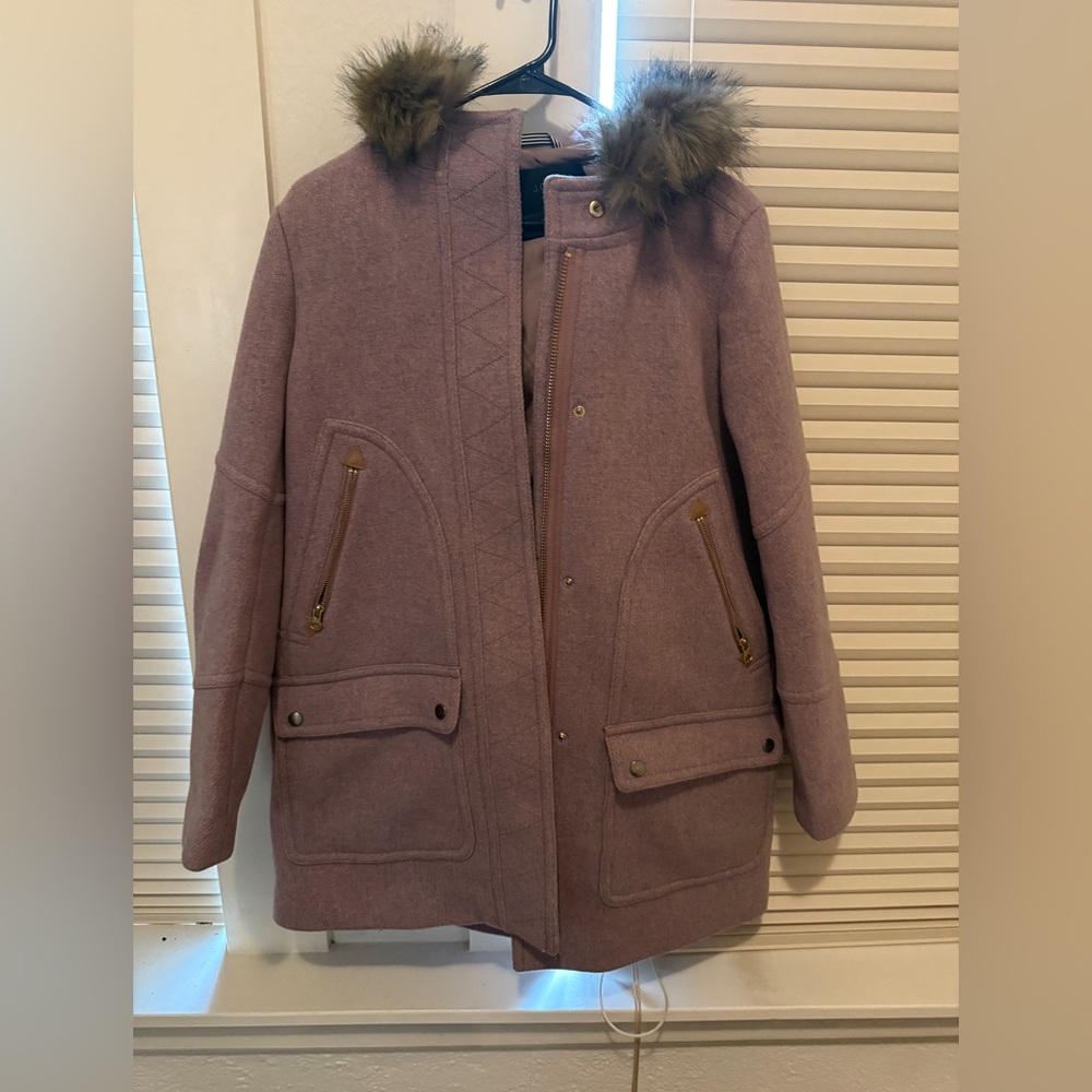 J Crew Women's mauve Coat with Faux Fur Hood